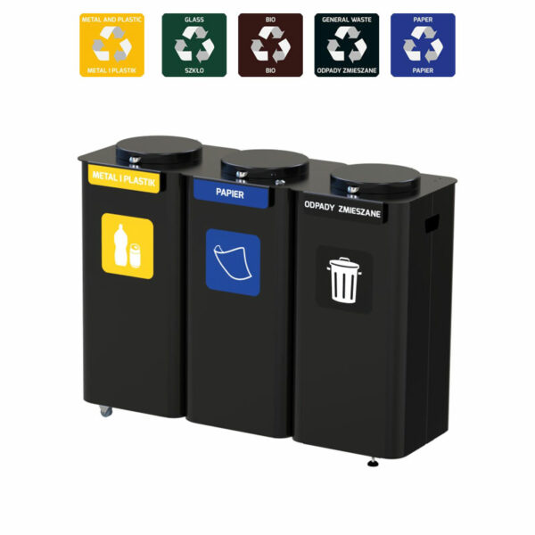 Antybakteryjna stacja do segregacji odpadów z pokrywką RECYCLE SET COVER 3×70