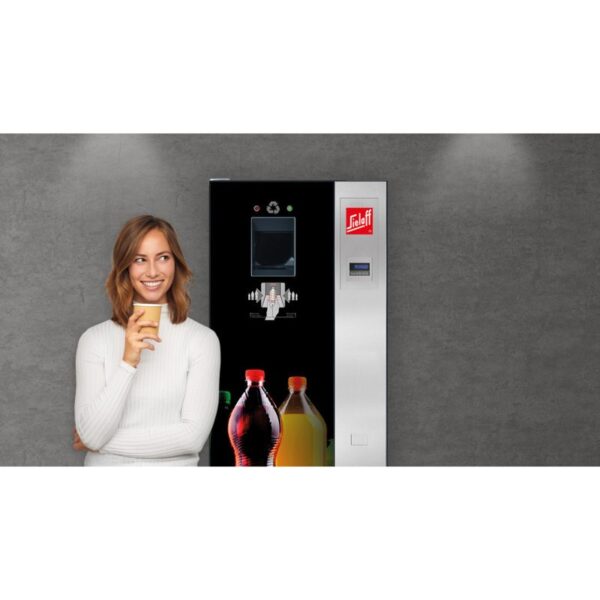 Automat kaucyjny na zużyte butelki i puszki SiOne - wizualizacja z kobietą