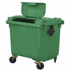 Kontener na odpady komunalne klapa w klapie WEBER 1100 zielony otwarty