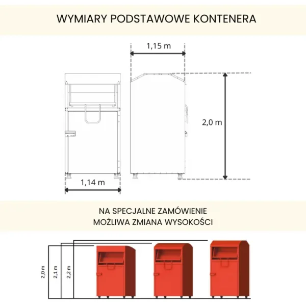 Kontener na tekstylia odzież używaną buty LIFE PLUS 1800 wymiary