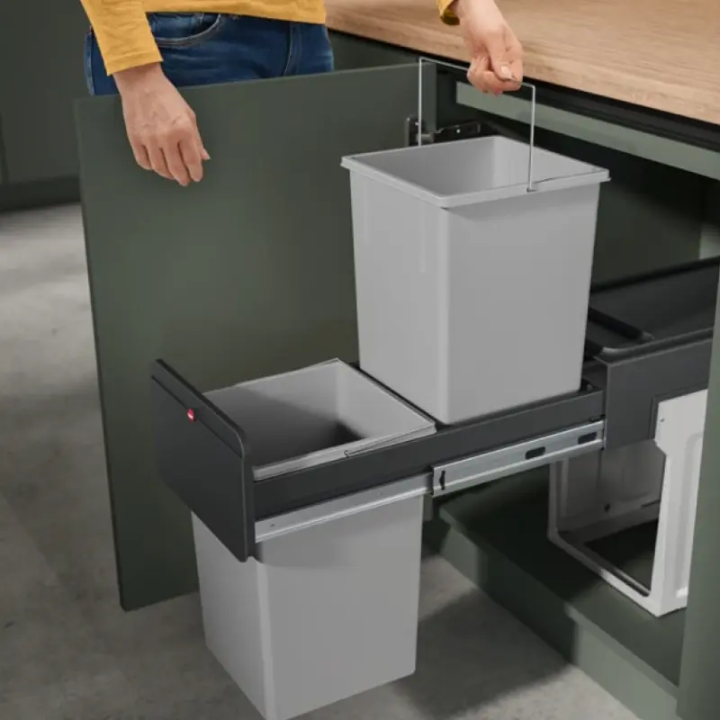 Kosz na śmieci szafkowy, dwukomorowy, wysuwany ECOLINE DESIGN 2 x 14 L