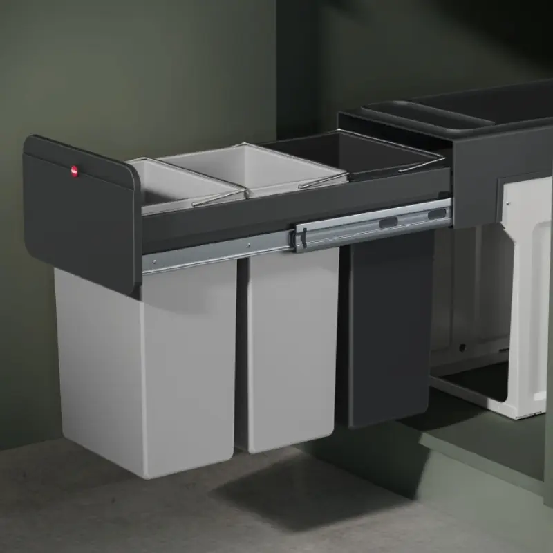 Kosz na śmieci do kuchni, potrójny, szafkowy ECOLINE DESIGN 3 x 10 L szary bokiem Kosz na śmieci do kuchni, potrójny, szafkowy ECOLINE DESIGN 3 x 10 L szary bokiem