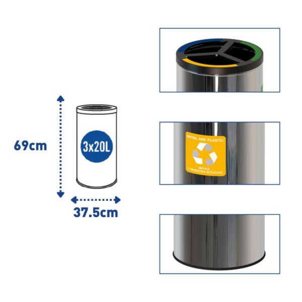 Kosz do segregacji odpadów ze stali nierdzewnej STREAM BIN INOX 3 x 20 L - wymiary