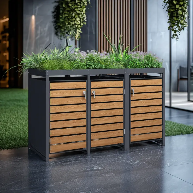 Obudowa na pojemnik komunalny z donicą WOOD NATURE COVER 3 x 60 240 L antracyt w ogrodzie
