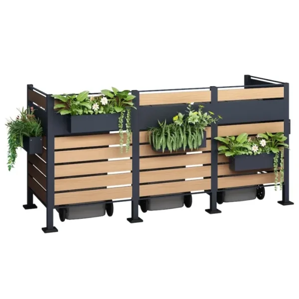 Osłona pojemnika komunalnego PANEL BOX 3 pojemniki antracyt imitacja drewna doniczka FLOWER BOX
