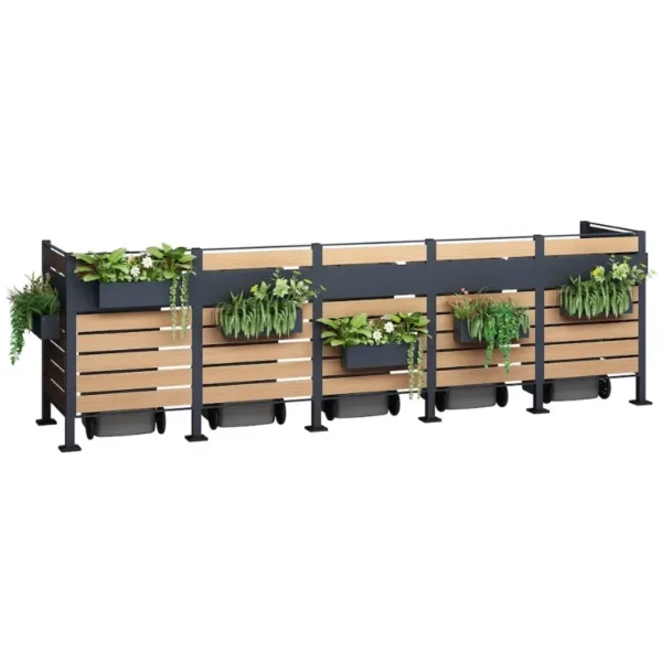Osłona pojemnika komunalnego PANEL BOX 5 pojemników antracyt imitacja drewna doniczką FLOWER BOX