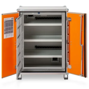 Ognioodporna szafa do akumulatorów litowo-jonowych z nóżkami LOCKEX 2.0 8/10 front otwarta