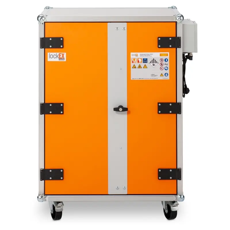 Ognioodporna szafa do akumulatorów litowo-jonowych z kółkami LOCKEX 2.0 8/10 front Ognioodporna szafa do akumulatorów litowo-jonowych z kółkami LOCKEX 2.0 8/10 front